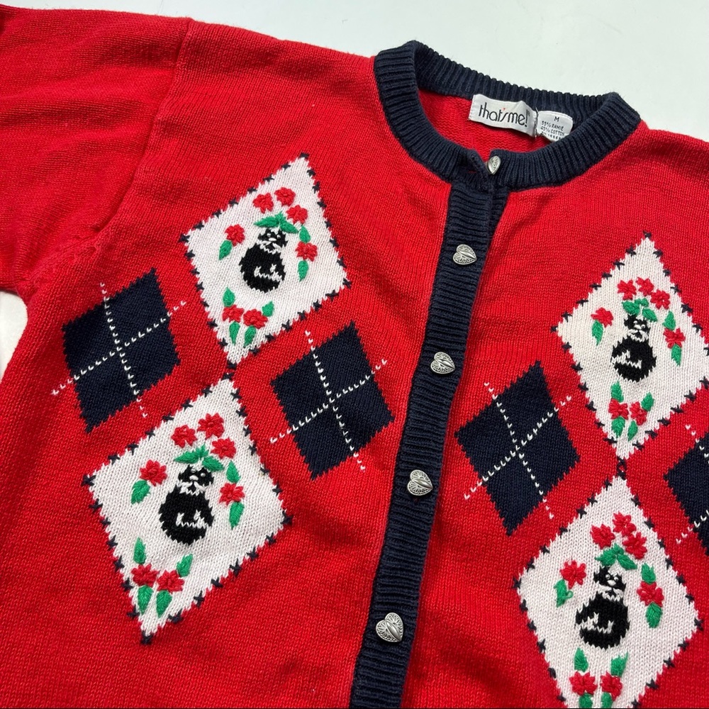 Vintage Cat Cardigan Sweater Medium Knit Heart Button Quirky Kitsch